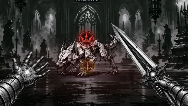 Fractured Blade's gauntlet and sword in pure black and white ink, facing a Pagehound