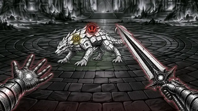 Fractured Blade's black and white gauntlet and sword with a thin red edge, facing an Index Beast