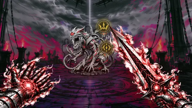 Fractured Blade's gauntlet and sword wreathed in crimson, facing the Margin Eater