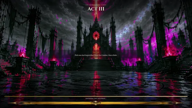 Act III title plate over a crimson cathedral