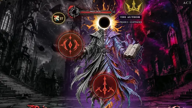 The Ash Cantor facing The Author, a robed figure beneath a black sun