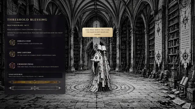 The Curator, a figure of stacked pages, in a vaulted black and white archive