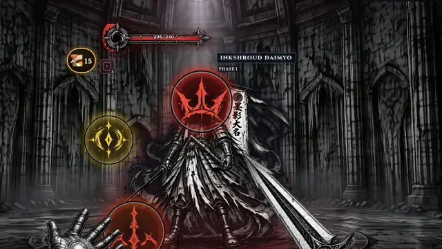The Inkshroud Daimyo boss with Crown, Core and Root weak spots in a ruined cathedral