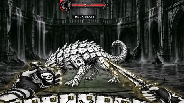 Hollow Smile, dagger and vial in hand, facing a scaled Index Beast in a flooded hall