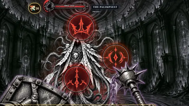 Iron Ward aiming at The Palimpsest, a boss of torn pages and tendrils