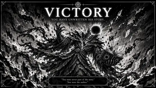 Victory plate: The Author breaks apart into torn pages beneath a black sun