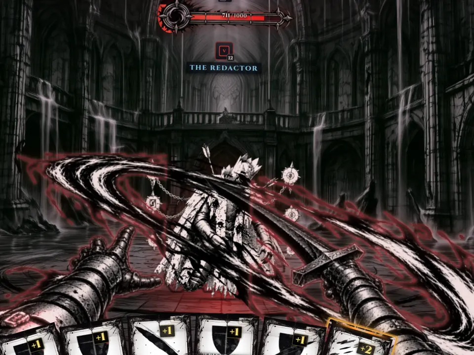 Fractured Blade's oath volley, a sweeping arc of black and red ink, slashing through the Redactor